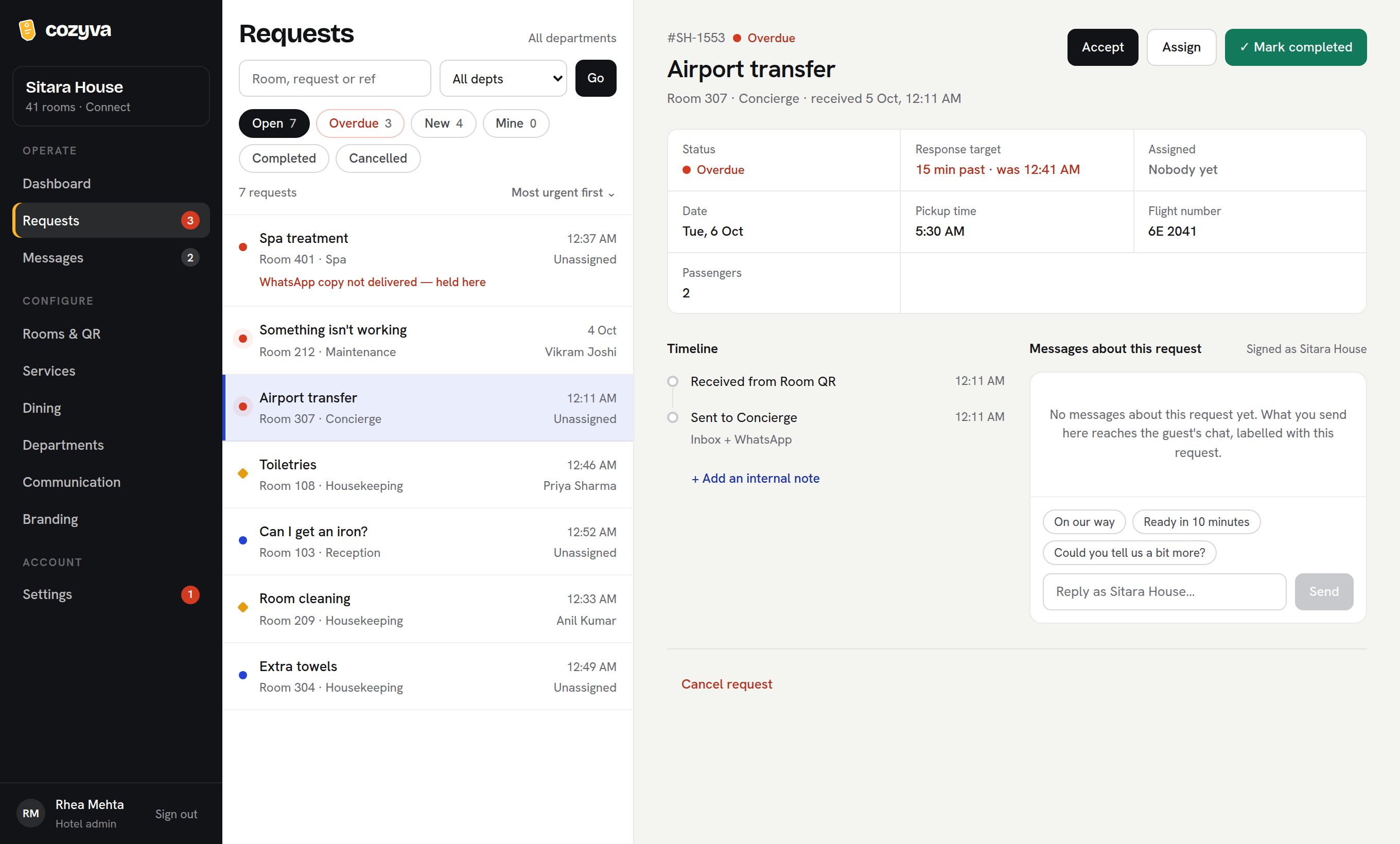 The Cozyva requests inbox at Sitara House: seven open requests sorted by urgency, with an overdue airport transfer open showing its room, date, pickup time, flight number, timeline and guest messages.
